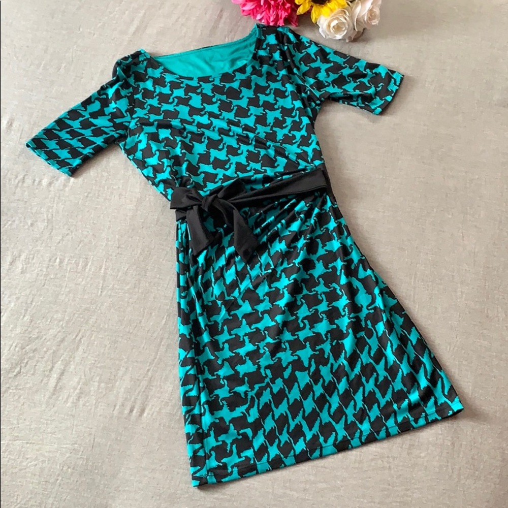 Teal and Black Houndstooth Dress with Ruched Waist